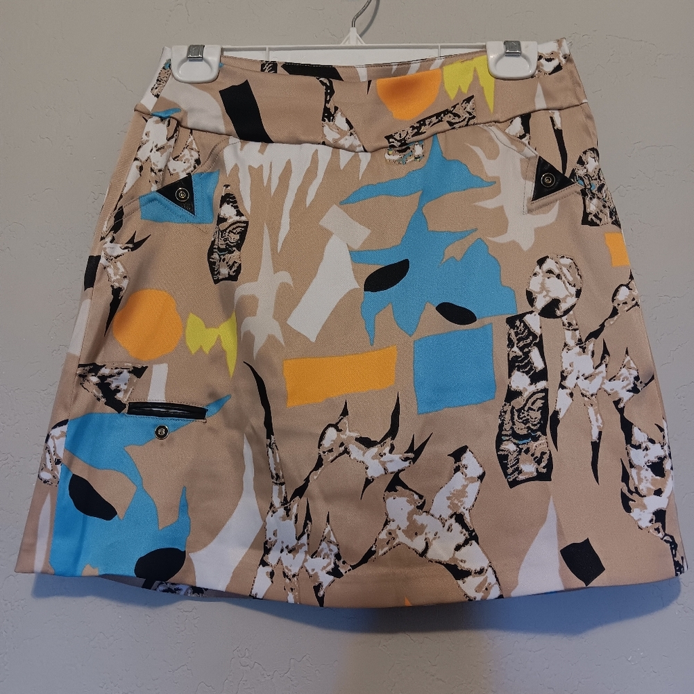 Jamie Sadock Women Skort Tennis Golf Sz4 Beige/Blue Pockets Abstract Graffiti